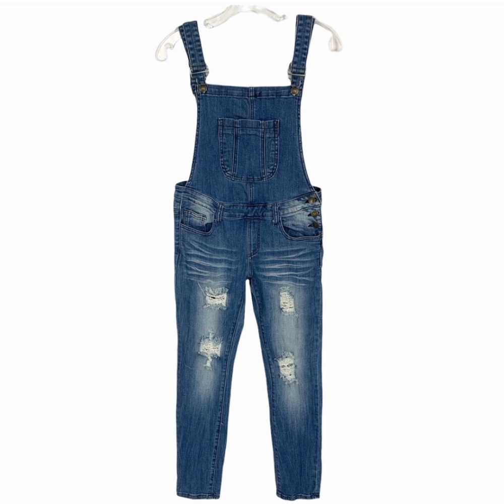 Machine Distressed Medium Wash Denim Overalls